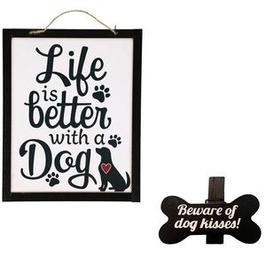 NWT Themed Black & White Wood Bordered Dog Wall Sign & Wood Clip Sentiment